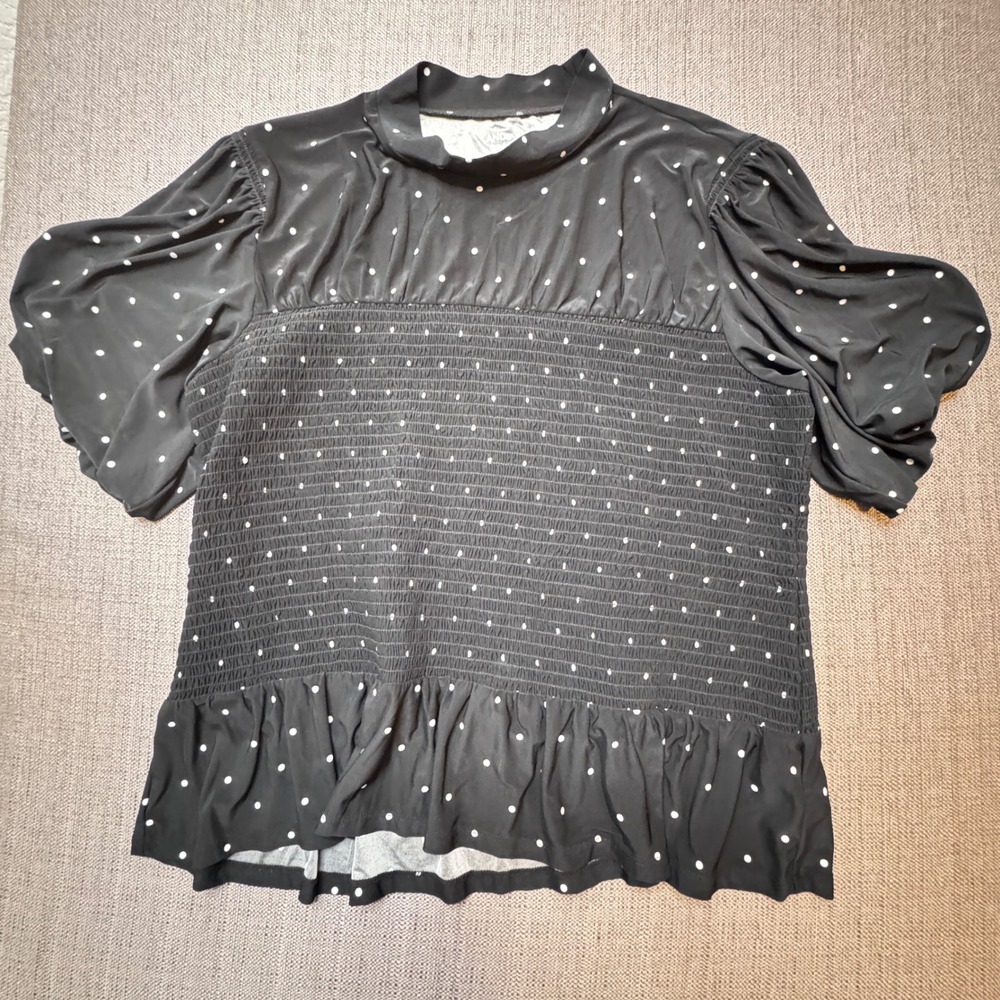 Lands End Womens XL Black Polka Dot Smocked Mock Neck Puff Sleeve Blouse Top